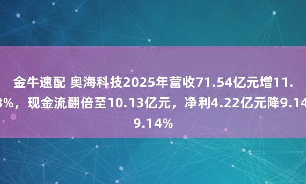 金牛速配 奥海科技2025年营收71.54亿元增11.38%，现金流翻倍至10.13亿元，净利4.22亿元降9.14%